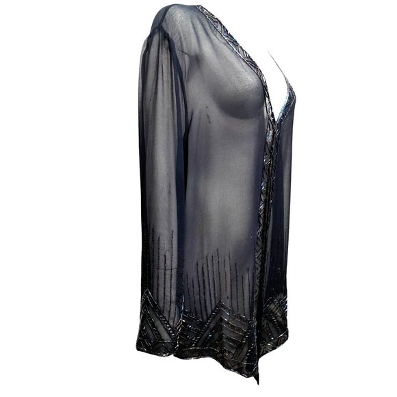 Vintage 2X Sheer Beaded Sequin Jacket Art Deco Evening Cocktail Wrap Dark Blue - Picture 3 of 12
